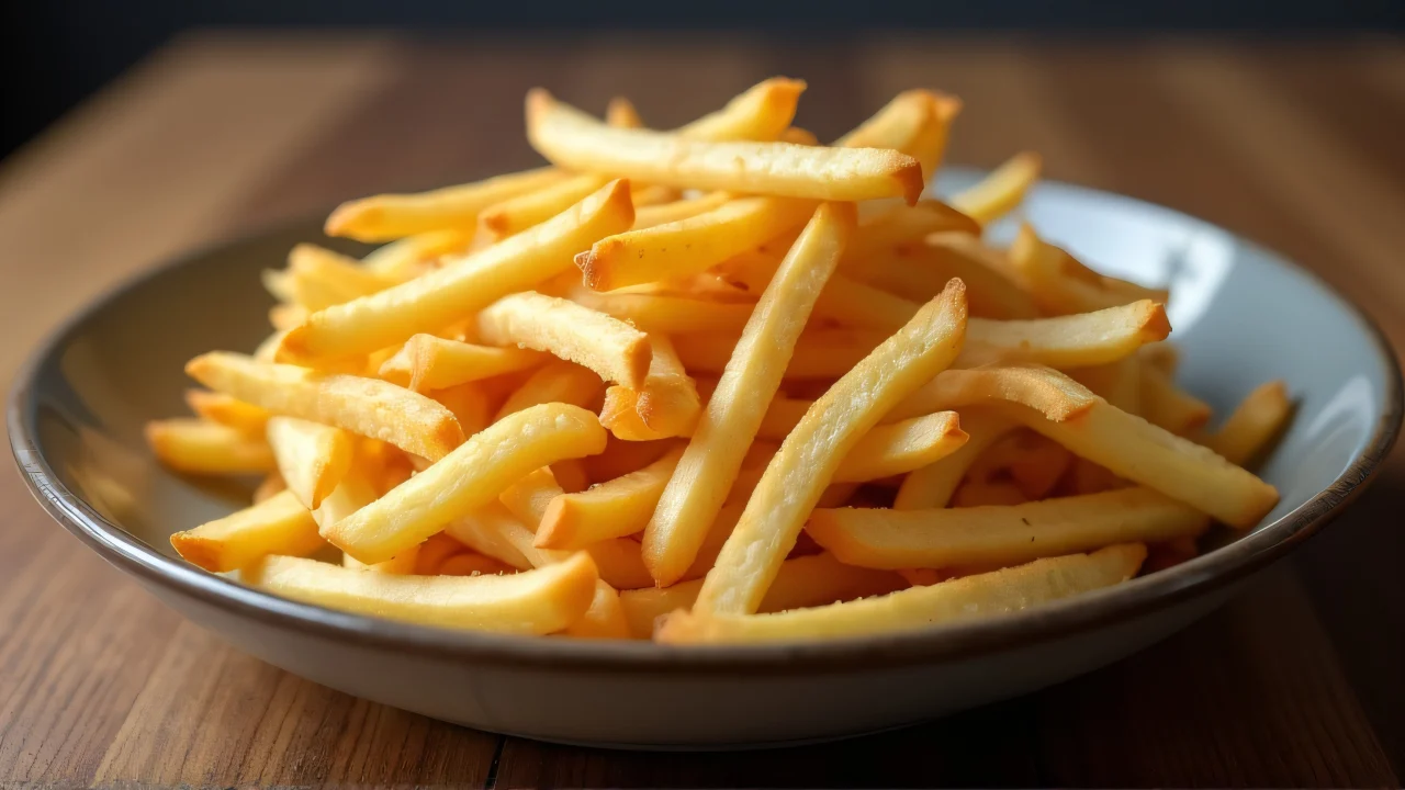 Crisp golden fries served on a ceramic plate atop a wooden table.