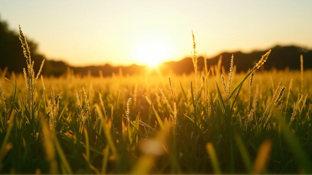 Wide-angle view of a grass field at golden hour with dew and long shadows.