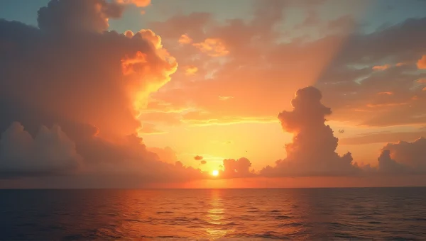 Golden Hour Panorama Of Orange Clouds Over Sea