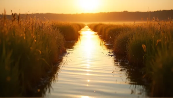 Golden Hour Reflections In Grassy Waterway
