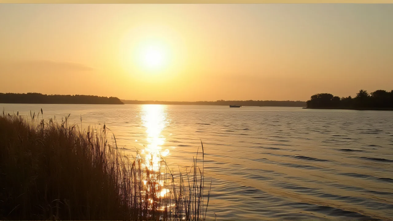 Wide river reflecting low sun with foreground reeds at golden hour.