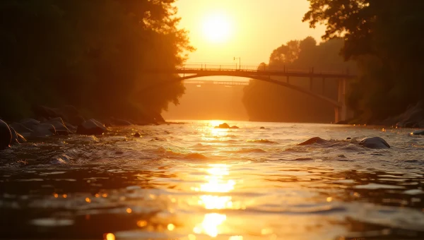 Golden Hour River Reflections with Distant Bridge