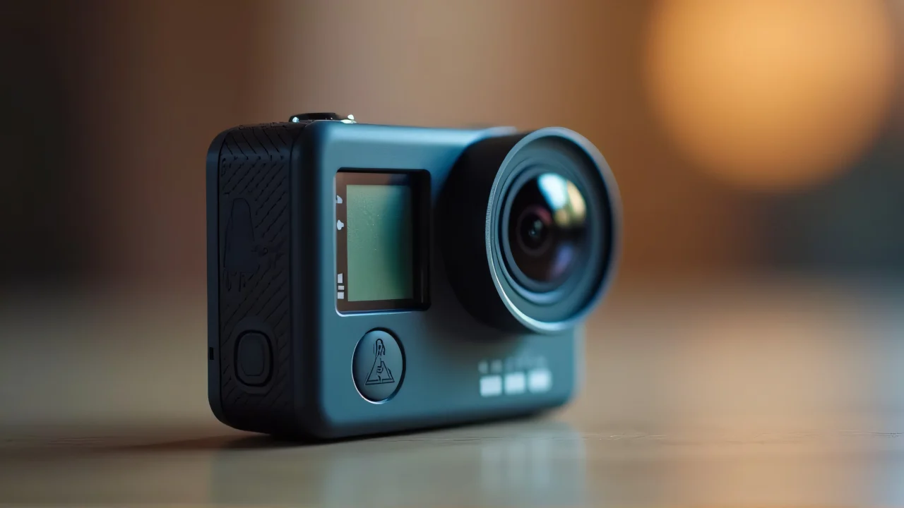 Close-up view of a GoPro Hero4 camera showcasing its buttons and lens.