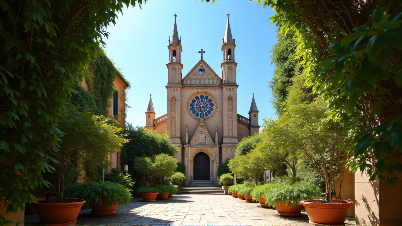 A Gothic cathedral wrapped in dense potted and climbing plants under a clear blue sky.