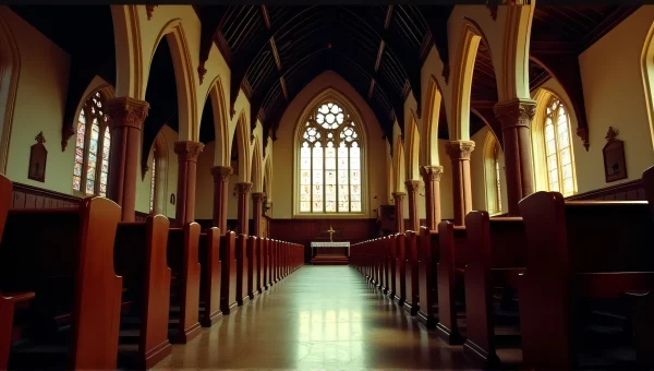 Gothic Church Interior Nave With Stained Glass Light