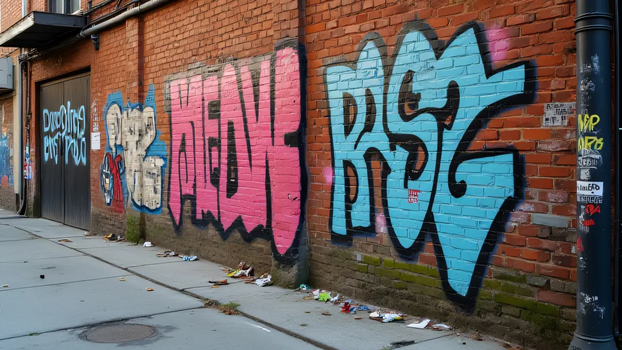 Vibrant graffiti art on a weathered brick wall in an urban alley.