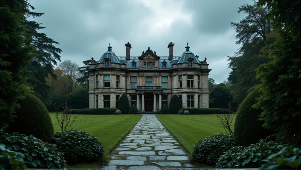 Grand Mansion Under Cloudy Sky With Garden Path