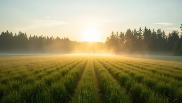 Grass Field With Trees At Sunset And Mist