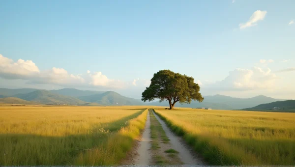 Grassy Plain With Lone Oak Tree And Pathway
