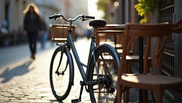 Gray Bicycle Against Café Table On Cobblestone Street