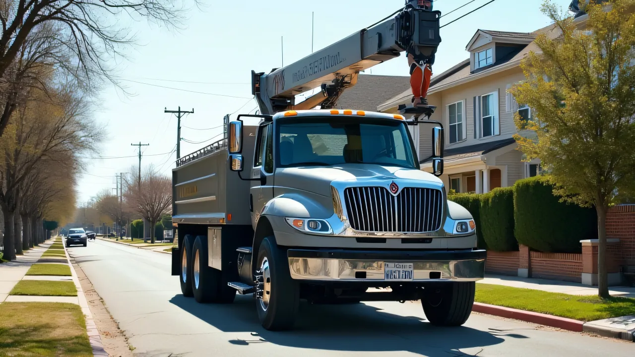 A gray bucket truck parked on cracked pavement with a worker in a safety harness.
