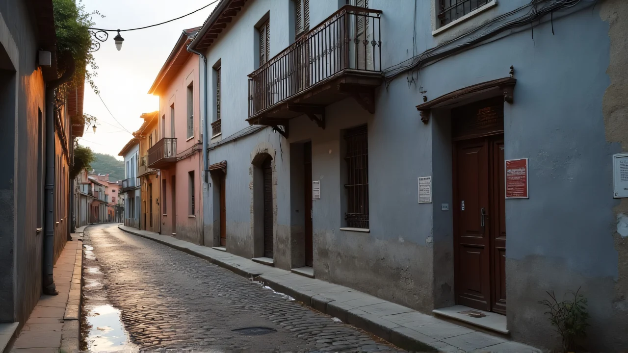 Low-angle view of a gray-painted building with reflections in puddles on a cobblestone street during golden hour.