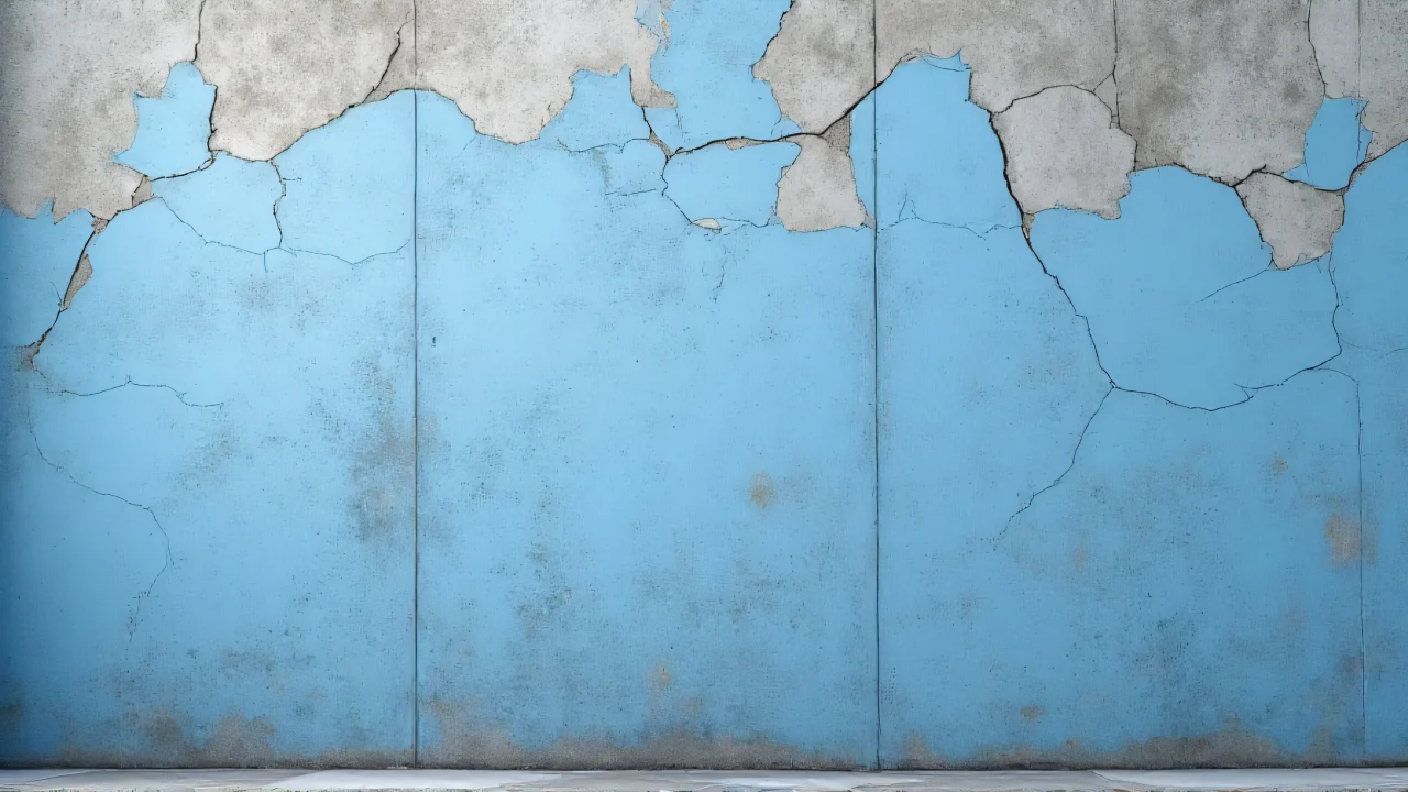Close-up of a gray concrete wall with blue paint peeling off in irregular flakes.