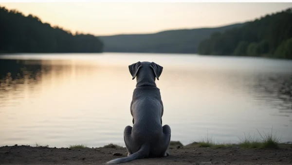 Gray Dog Sitting by Calm Lake Water Edge