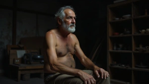 Gray-Haired Man in Workshop with Weathered Hands