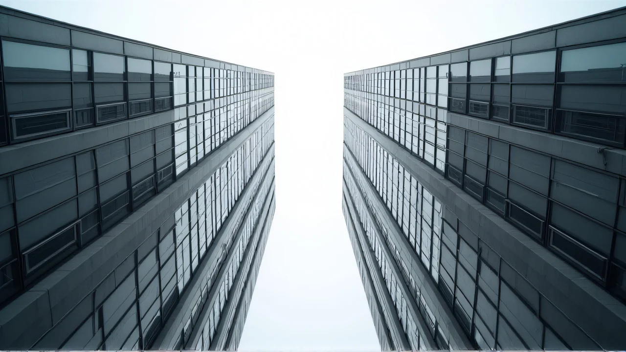 A gray high-rise building with reflective windows against an overcast sky.