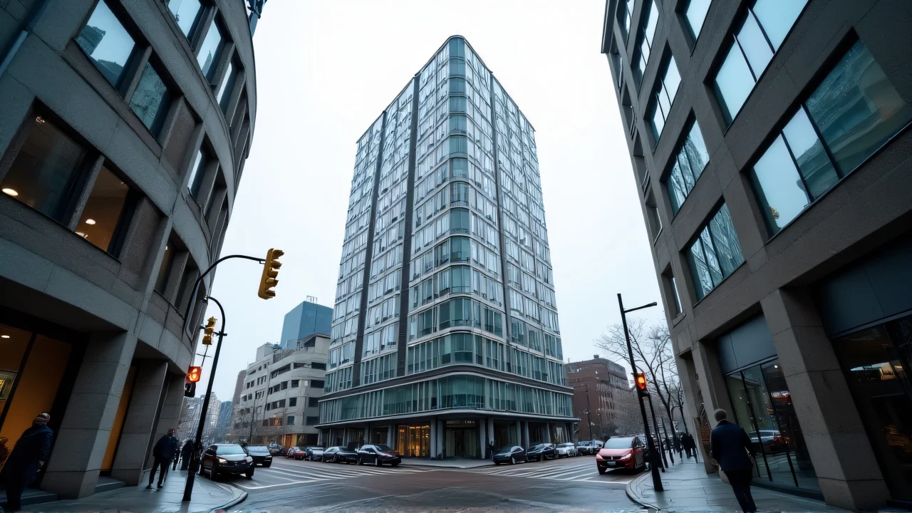Low-angle view of a gray high-rise building with reflections on wet street.