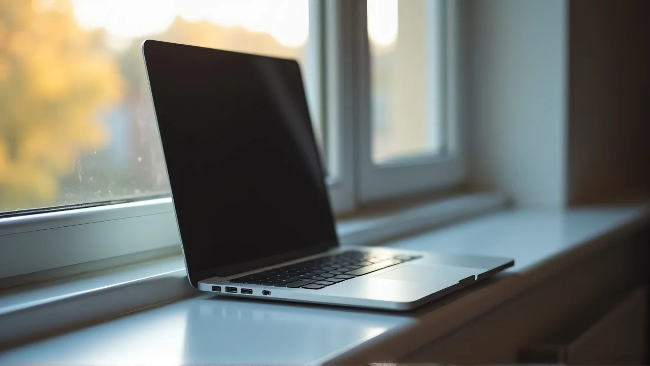 A gray laptop sits open on a narrow windowsill, illuminated by soft morning light.