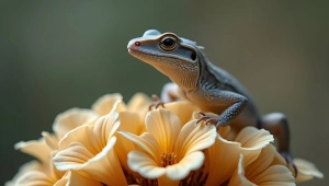 Gray Lizard On Beige Petaled Flowers Close-Up