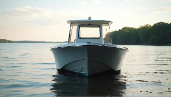 Gray Motorboat Moored At Calm Lake Shore