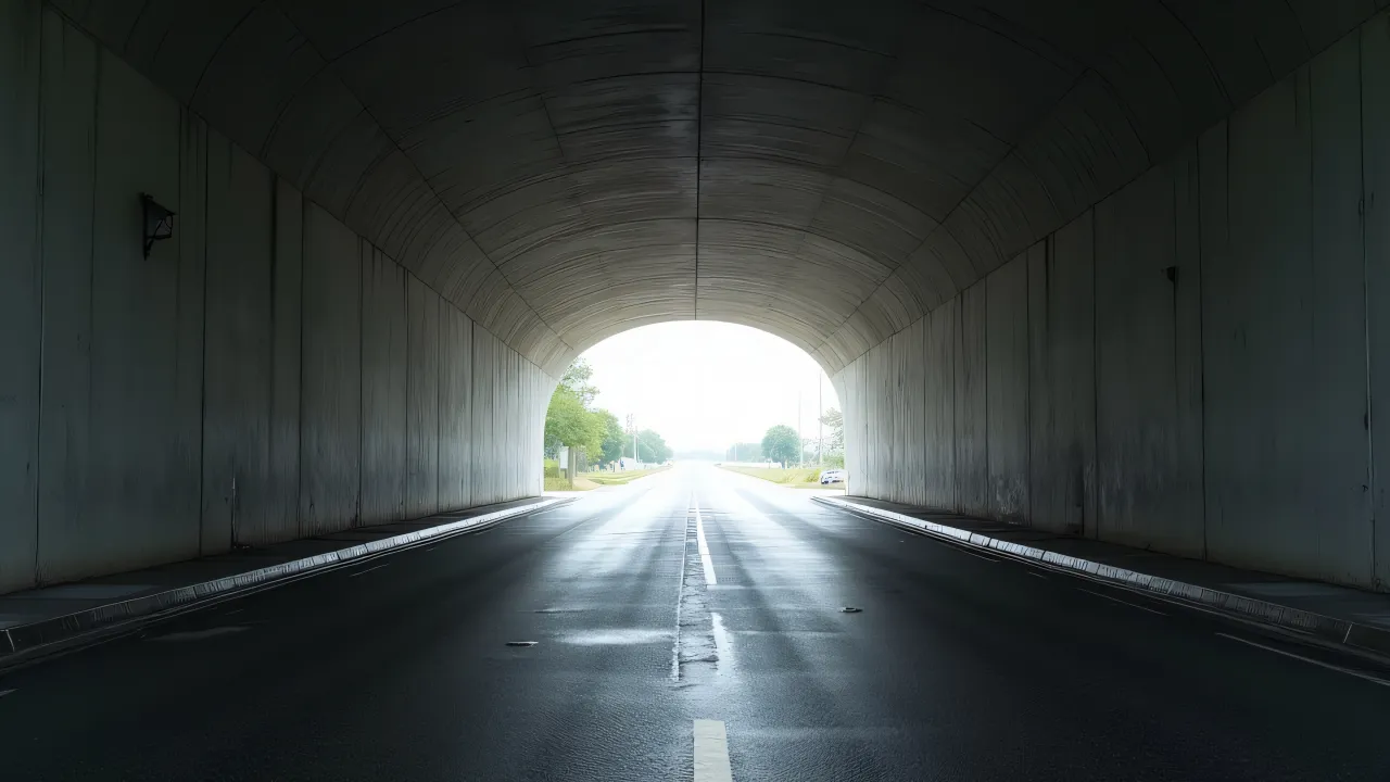 A low view of a gray paved tunnel with reflections on the wet surface.