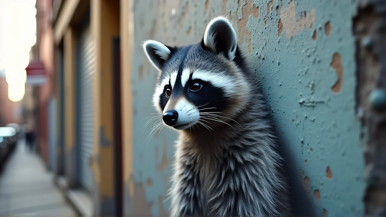 Close-up of a gray raccoon mural on a weathered concrete building.
