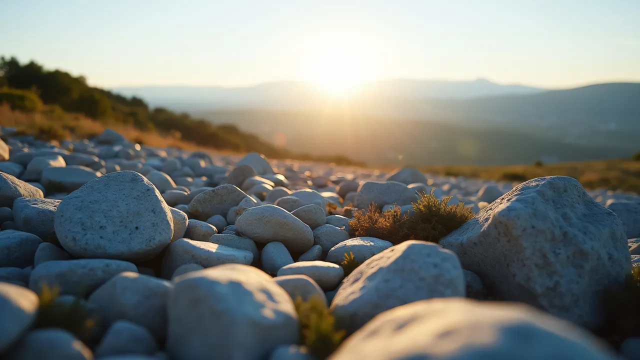 Low-angle view of gray rocks leading to a scenic landscape at sunset.
