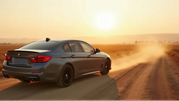 Gray Sedan Parked On Dusty Road At Sunset