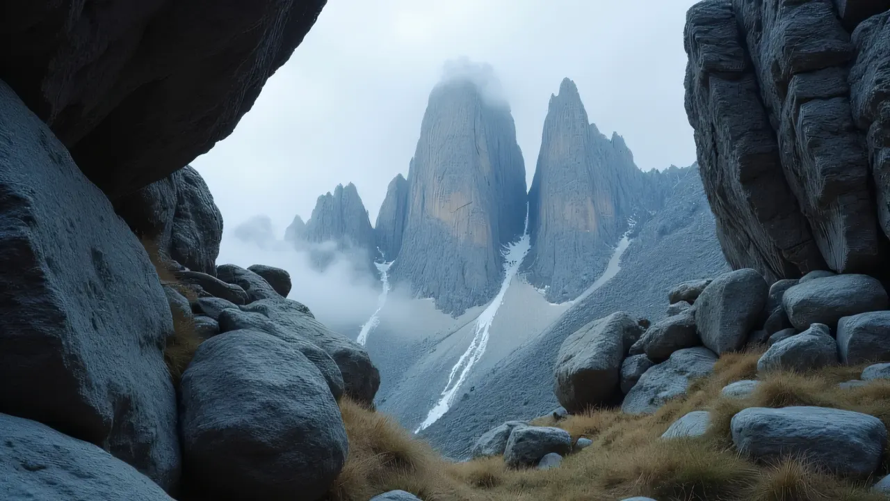 Low-angle view of a gray stone cliff and jagged mountain peaks under a dramatic sky.