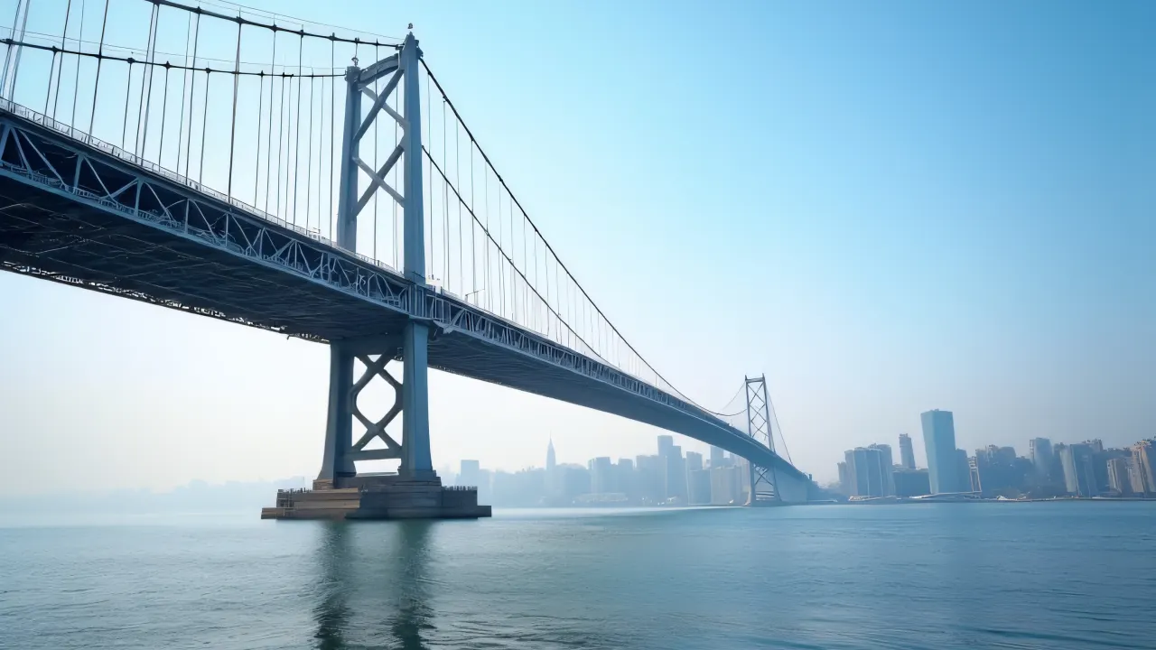 A low-angle view of a gray suspension bridge over a calm river with pedestrians walking.