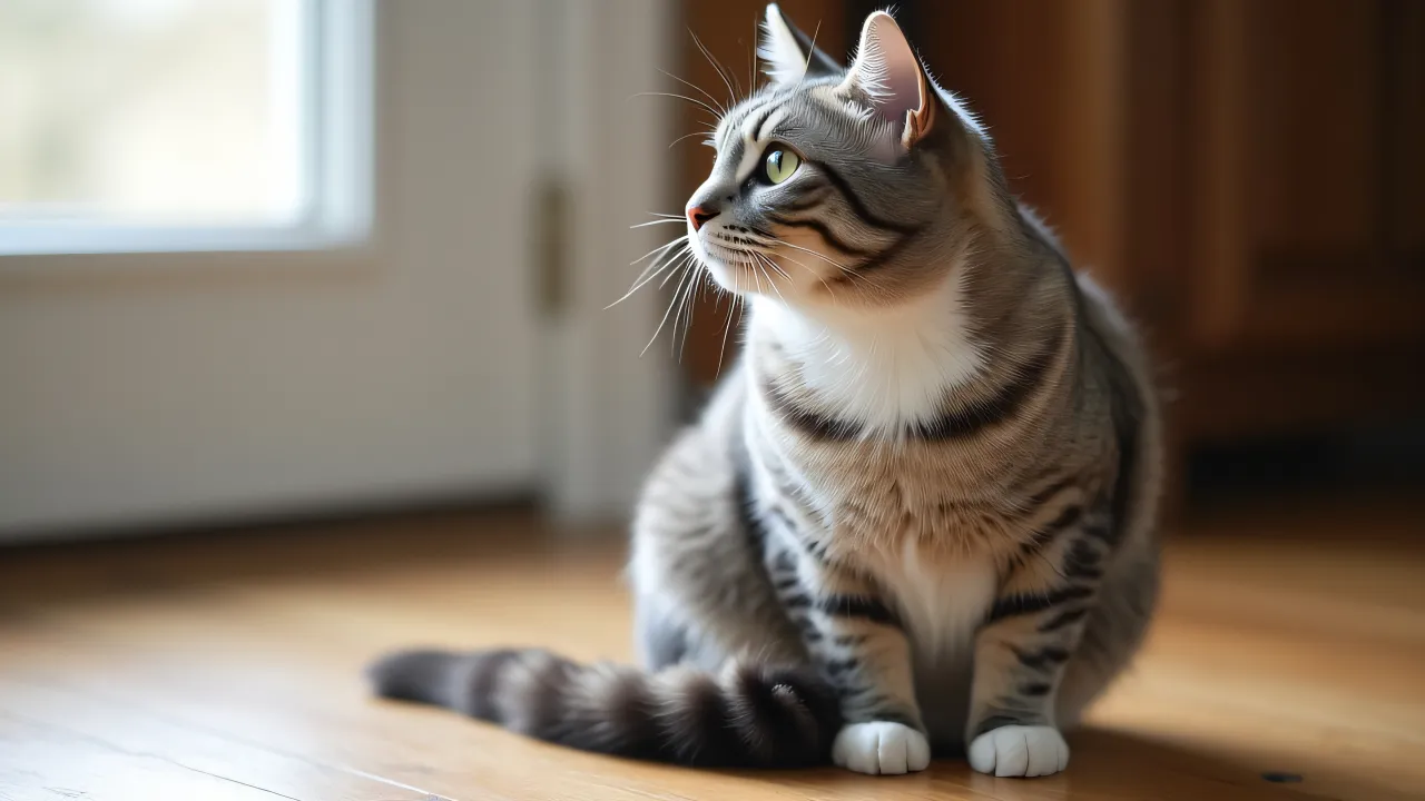 A gray and white cat lounging on a wooden floor, illuminated by soft natural light.