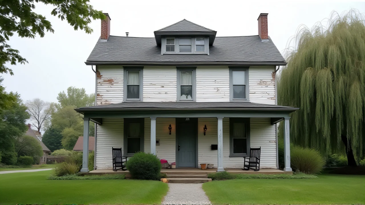 A gray and white wooden house with peeling paint and rocking chairs on the porch.