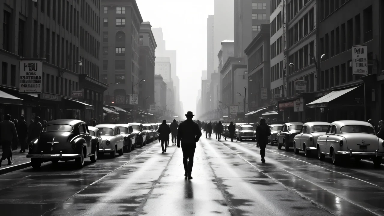 A grayscale city street bustling with pedestrians and vintage cars, featuring reflections on wet pavement.