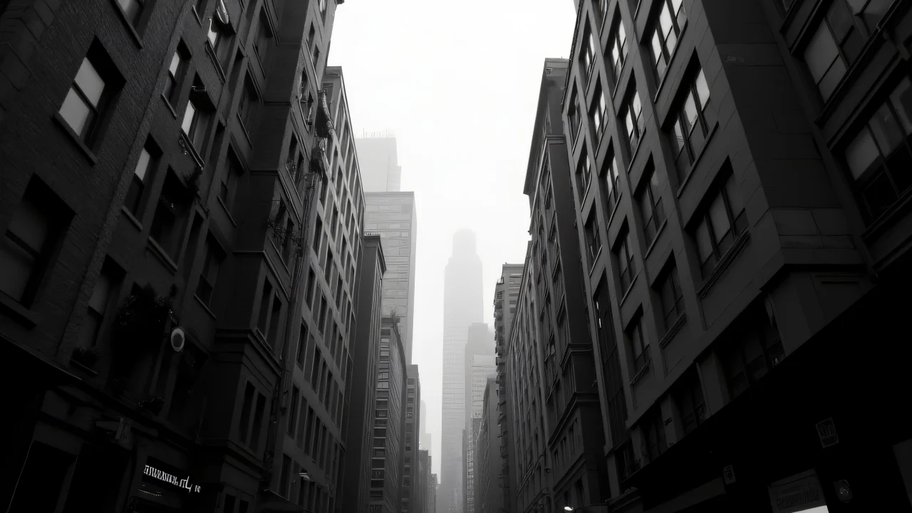 Low-angle grayscale imagegraph of dense city buildings with deep shadows and strong contrast.