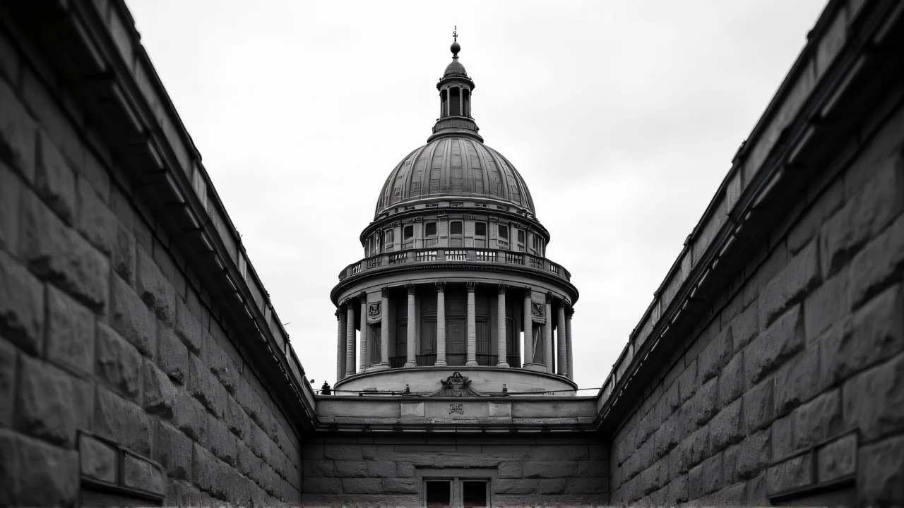 Low-angle grayscale image of a domed civic building with textured stone facade against an overcast sky.