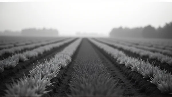 Grayscale Plant Field Rows Under Overcast Sky
