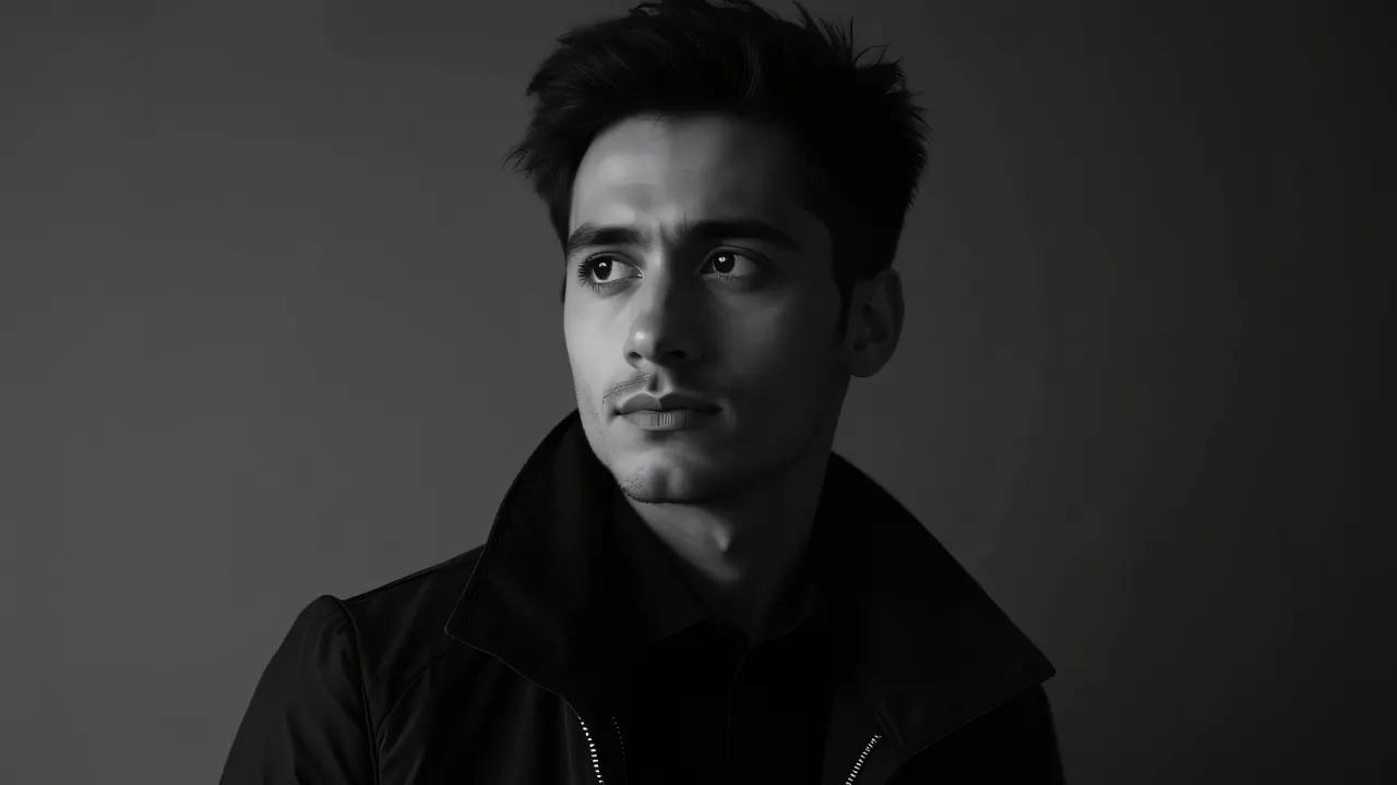 A grayscale portrait of an individual wearing a black jacket, highlighted by soft side lighting.