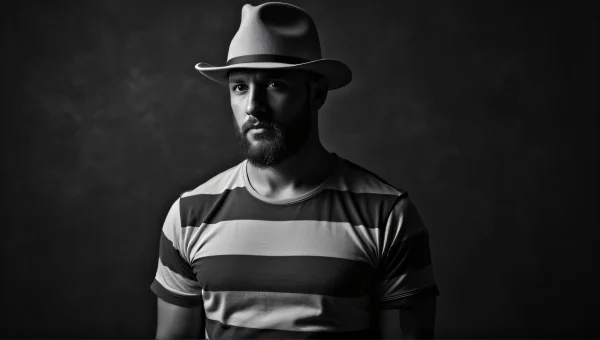 Grayscale Portrait of Man in Striped Shirt