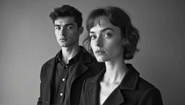Grayscale Portrait of Man and Woman in Mid-Century Style