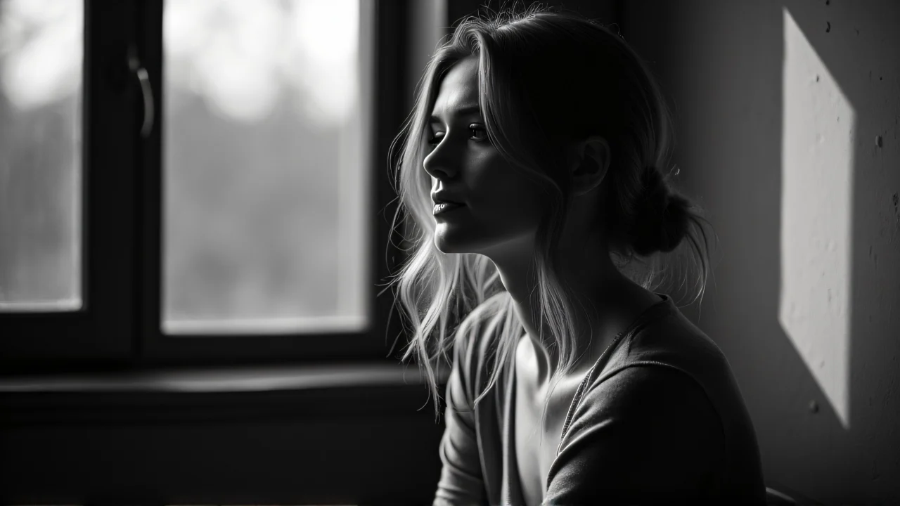 A grayscale portrait of a woman seated by a window with soft lighting and rich textures.