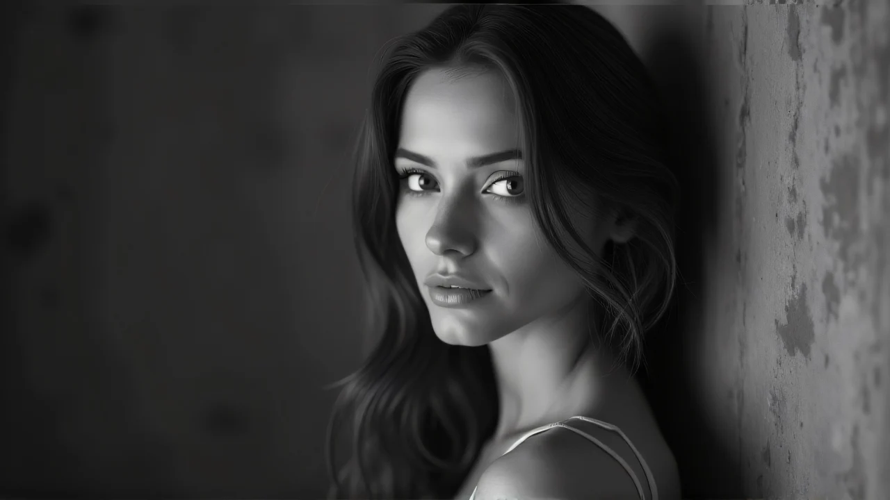 A grayscale portrait of a woman captured with soft side lighting and shallow depth of field.