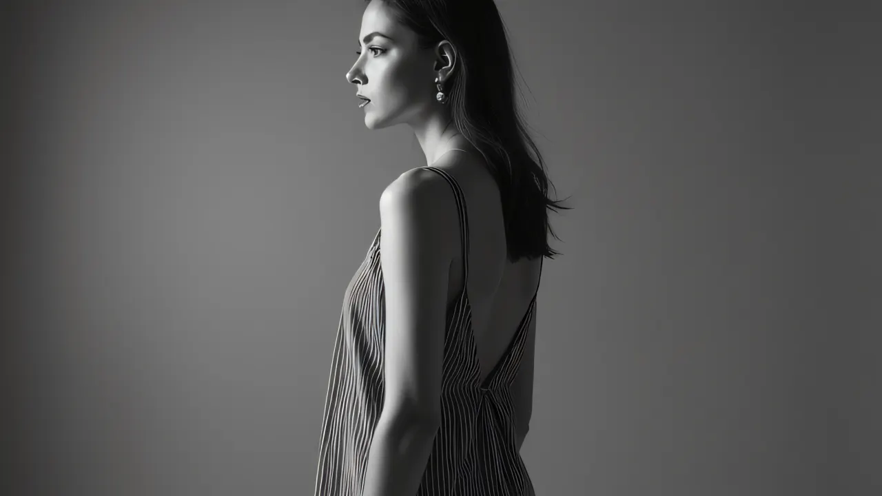 A grayscale portrait of a woman wearing a vertically striped dress in profile.