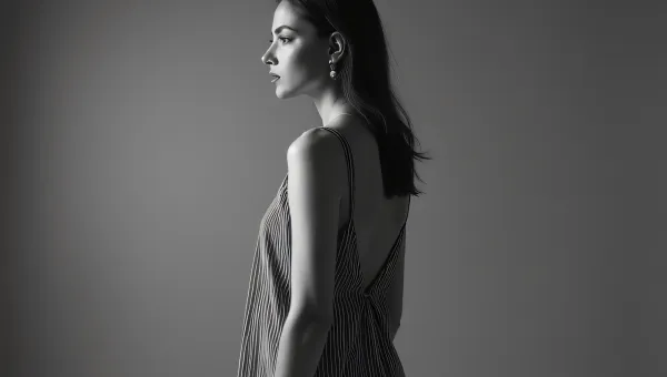 Grayscale Portrait Woman Striped Dress Profile