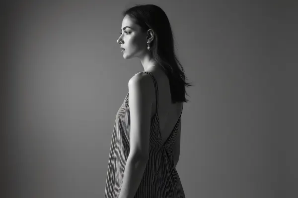 Grayscale Portrait Woman Striped Dress Profile