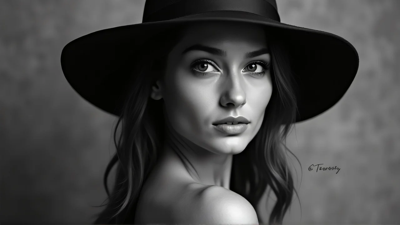 A grayscale portrait of a woman wearing a wide-brim hat in soft lighting.