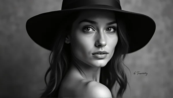Grayscale Portrait of Woman in Wide-Brim Hat
