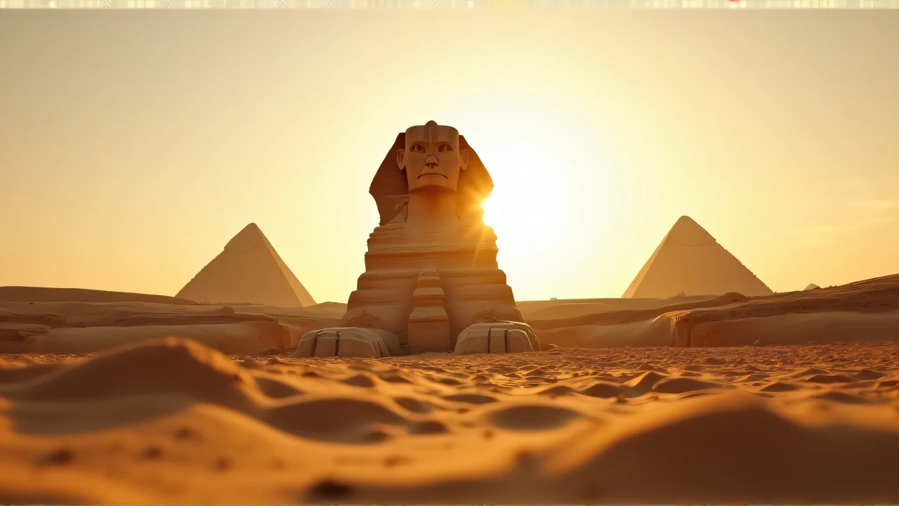 Low-angle view of the Great Sphinx of Giza at golden hour with distant pyramids and sand textures.