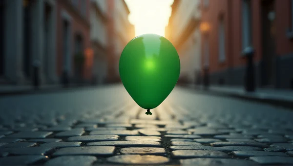 Green Balloon Drifting Over Cobblestone Street