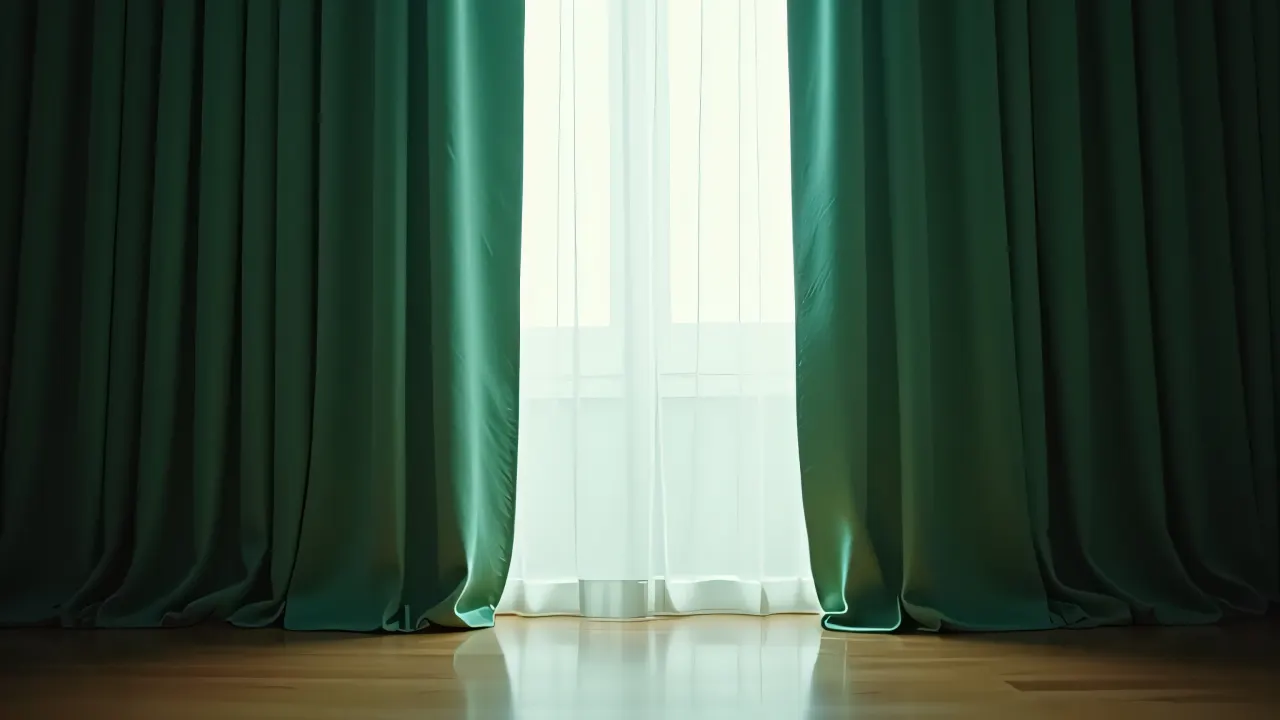 Interior scene featuring tall green and black striped curtains framing a window with soft daylight.