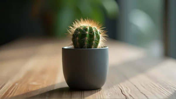 Green Cactus in Gray Pot on Wooden Table